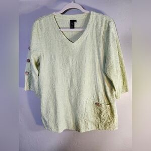 Focus Embroidered Green V-Neck Top 100% Cotton 3/4 Sleeves‎ One Pocket Top Sz S